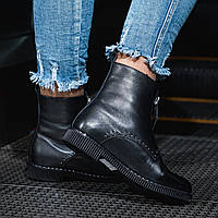 Женские ботинки на низкой подошве черные натуральная кожа байка высота каблука 2,5 см Турция 39