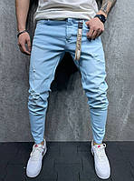 Мужские джинсы голубого цвета (голубые) с потертостями, штаны зауженные 2Y Premium Турция