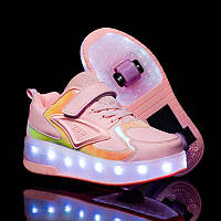 Роликовые кроссовки с подсветкой 2 ролика, в стиле Heelys, USB. Детские и Подростковые, розовые (Т-09455)