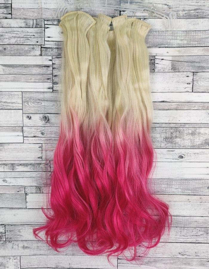 Волосся на заколках блонд омбре в рожевий №613ТPINK хвилясте термо на кліпсах шпильках тресси набір 6 пасом, фото 1