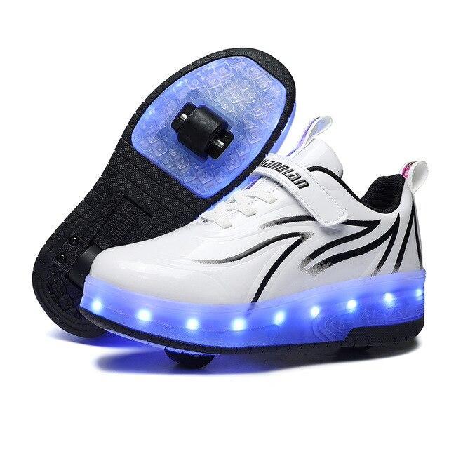 Роликові кросівки, що світяться, в стилі Heelys. 2 ролики, USB заряджання. Новинка. білі (N-00744), фото 1