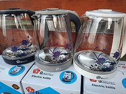 Скляний електрочайник (електричний) Domotec з квіткою, прозорий скляний чайник на 2 л з підсвічуванням