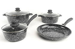 Набір Каструль МАРМУР 7 Предметів з кришками та сковорідки, Набір посуду з мармуровим покриттям
