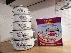 Кухонний Набір емальованих каструль A Плюс зі скляною кришкою 5 предметів для дому