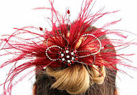 Прикраса для зачіски червона з кристалами та пір*ям "Бургундія" Шпилька для волосся Ручна робота