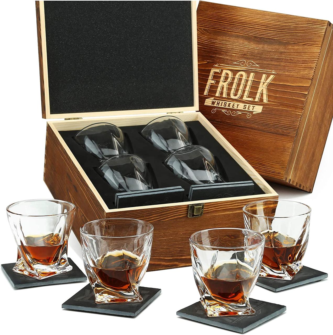 Набір для віскі в дерев'яній коробці 4 келихи з камінням Twisted Whiskey Glasses Set of 4
