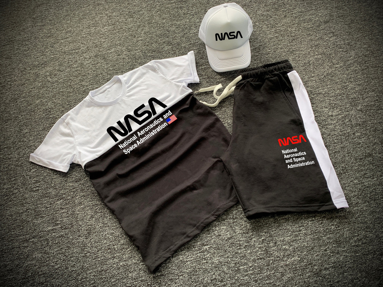Комплект футболка шорты + бейсболка Nasa мужской черный с белым | Летний набор ЛЮКС качества