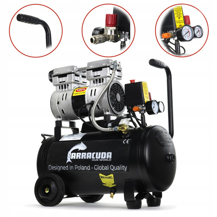 Безмасляний компресор для гаража Barracuda 24л 145 л/хв  8 атм малошумний компресор, фото 1