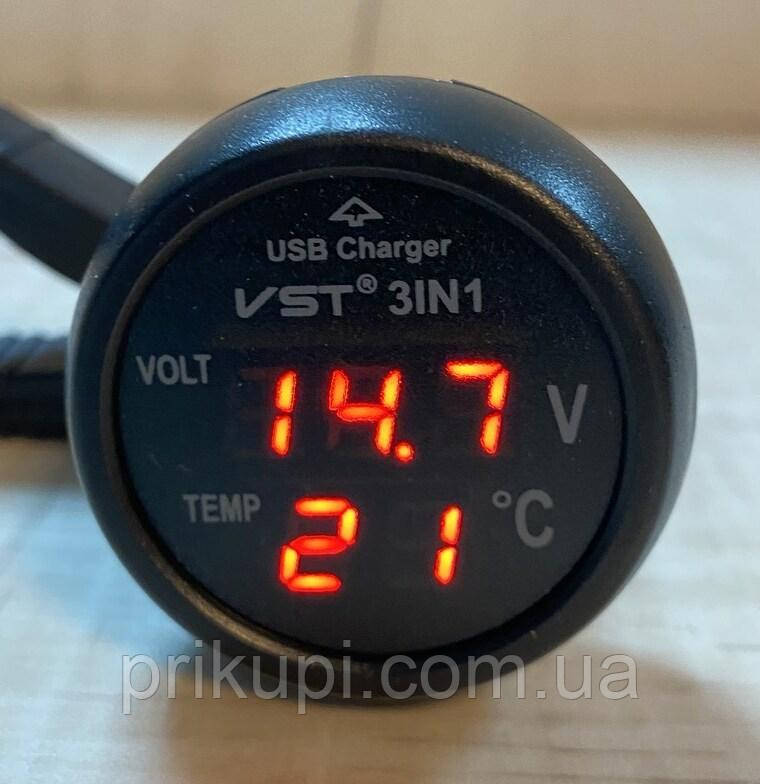 Термометр + вольтметр + USB зарядка VST 706-1, червоний/червоний в прикурювач 12-24В, фото 1