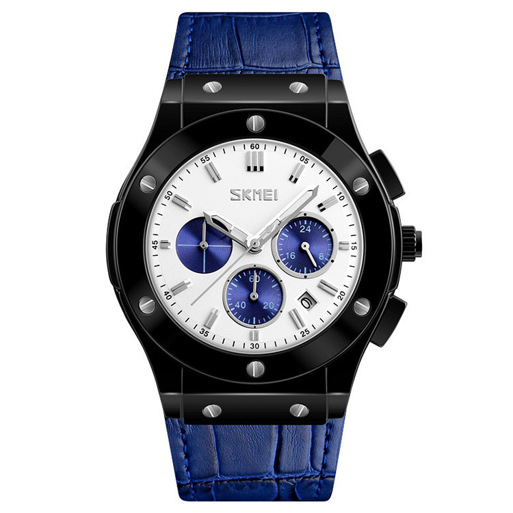 Skmei 9157 білі з синім ремінцем чоловічі класичні годинник, фото 1
