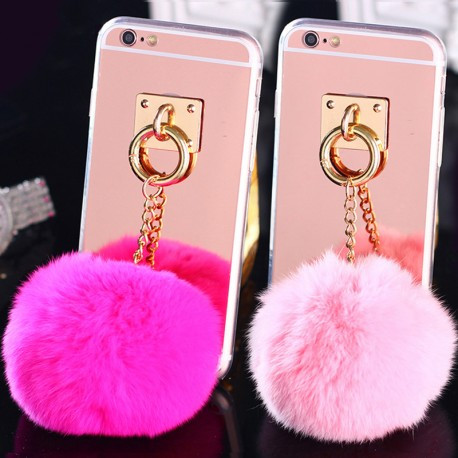 Дзеркальний силіконовий чохол з Рожевим помпоном для iPhone 6/6S Рожеве золото
