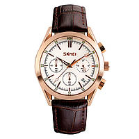 Skmei 9127 prestige коричневые с белым циферблатом мужские классические часы