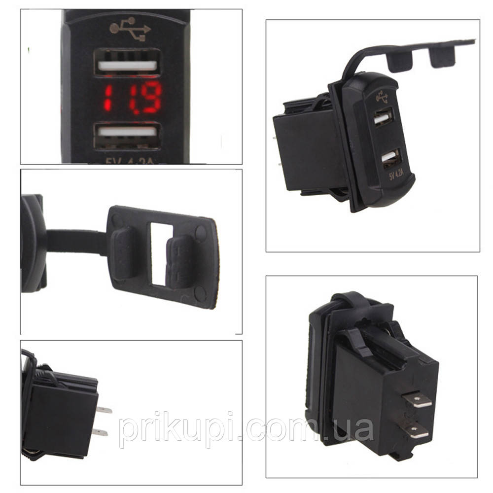 Автомобільне врізне USB зарядний пристрій 2 х 2.1 А + вольтметр 12-24V Червоне, фото 1
