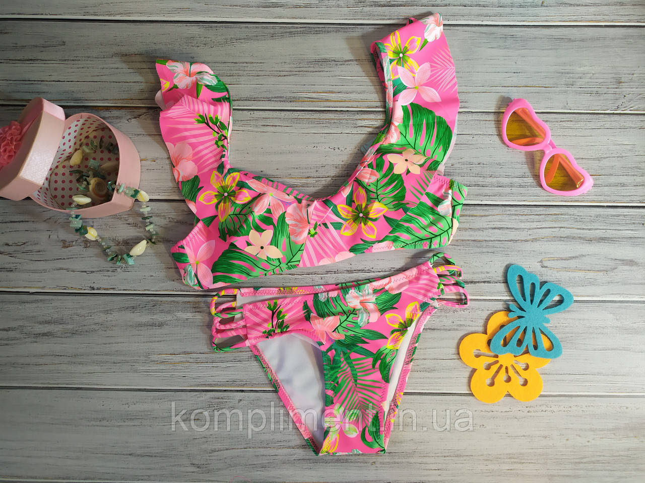 Модний роздільний купальник для дівчинки з малюнком і рюшами, рожевий, фото 1