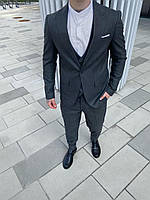 Мужской стильный классический костюм тройка (пиджак, брюки, жилет) тёмный