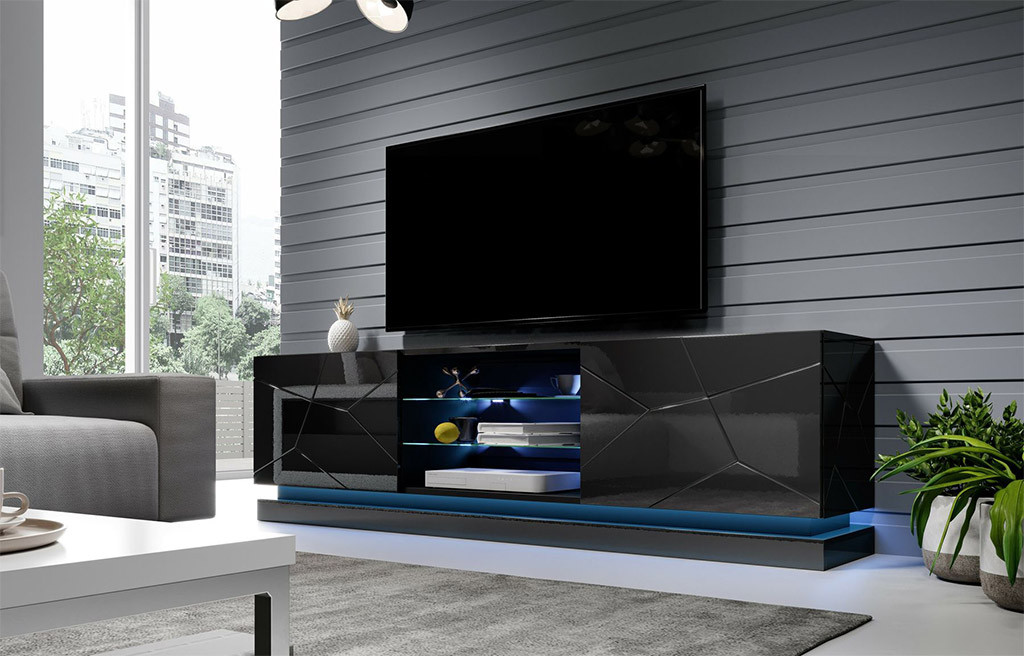 Тумба під телевізор Qiu 160 Немає, хай тек, білий глянець, чорний, чорний глянець, фото 1