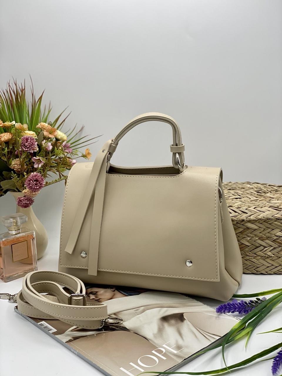 Сумочка жіноча з клапаном та довгим ремінцем 30*24 см штучна шкіра Nata Бежевий, фото 1