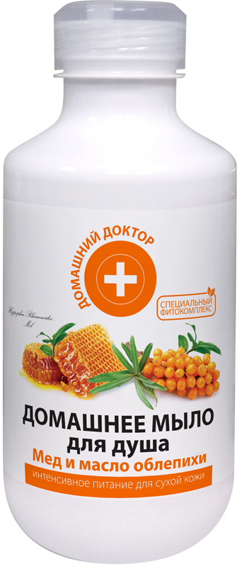 Домашнє мило для душу Мед і олія обліпихи 500 мл Домашній лікар, фото 1