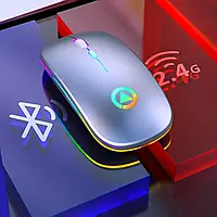 Компьютерная мышь беспроводная с блютуз, с подсветкой RGB. Бесшумная стильная мышка для ПК ноутбука. Серая