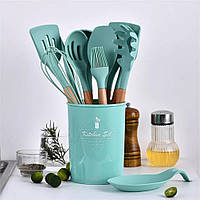 Силіконовий кухонний набір приладдя Kitchen Set 12 предметів дерево+силікон різні кольори
