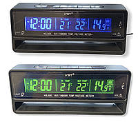 Автомобильные часы, термометр, вольтметр VST - 7010V (сине/зеленая) авточасы от прикуривателя, 12-24В