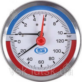 Термоманометр горизонтальний 1/4" (Осьовий) 80 мм / 120°С / 10 bar