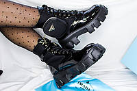 Черные ботинки для девушек Прада на меху. Ботинки Prada Leather Boots Nylon Pouch Gloss. Женские боты Прада.