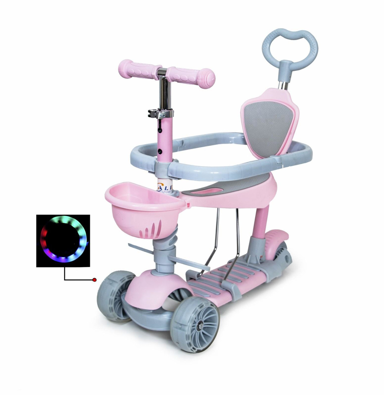 Самокат 5 в 1 з батьківською ручкою обмежувачем сидінням рожевий