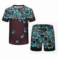 Футболка и шорты Dolce&Gabbana D&G бордовые с принтом перья павлина