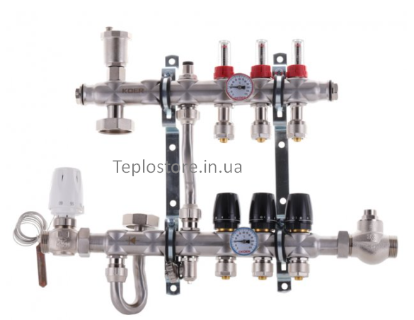 Колектор Koer KR.S1011-03 з вбудованим змішувальним вузлом 1"х3 SUS304 і евроконусами 3/4-16 з нержавіючої
