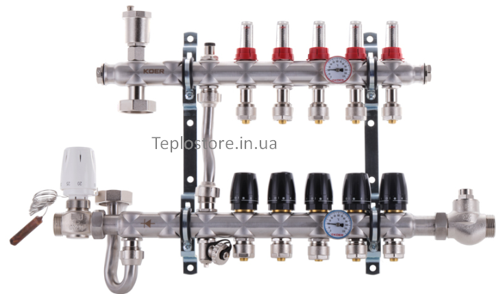 Колектор Koer KR.S1011-05 з вбудованим змішувальним вузлом 1"х5 SUS304 і євроконусами 3/4-16 з нержавіючої сталі