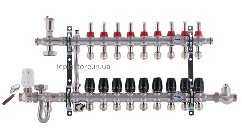 Колектор Koer KR.S1011-09 з вбудованим змішувальним вузлом 1"х9 SUS304 та євроконусами 3/4-16 з неіржавкої