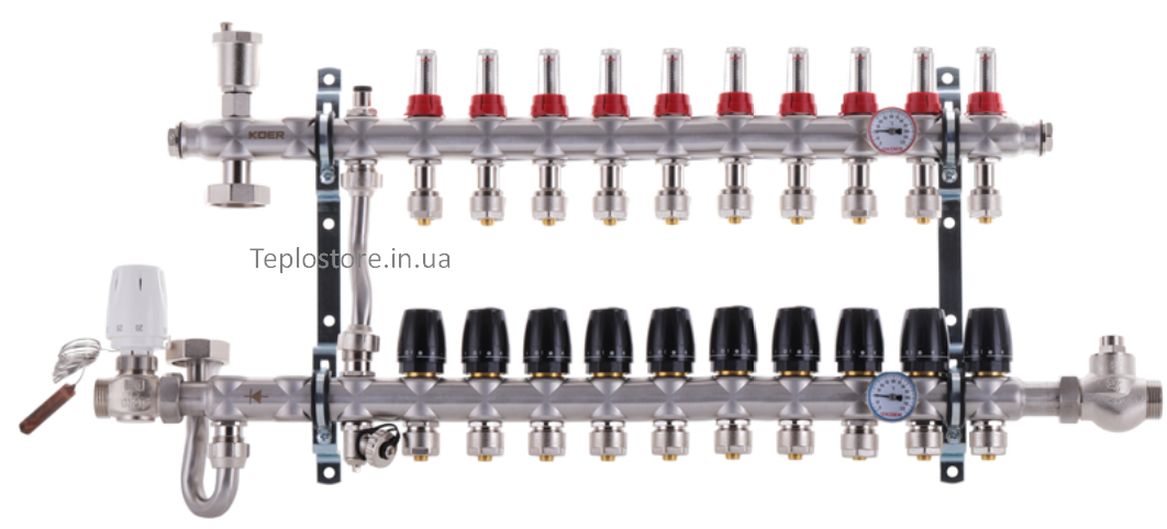 Колектор Koer KR.S1011-10 з вбудованим змішувальним вузлом 1"х10 SUS304 і евроконусами 3/4-16 з нержавіючої, фото 1