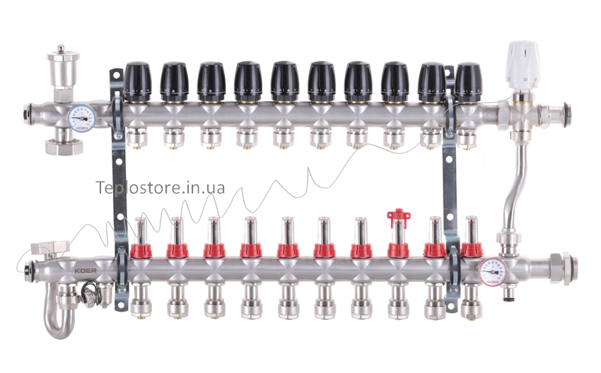 Колектор Koer KR.S1013-10 з вбудованим змішувальним вузлом 1"х10 SUS304 і евроконусами 3/4-16 з підключенням, фото 1