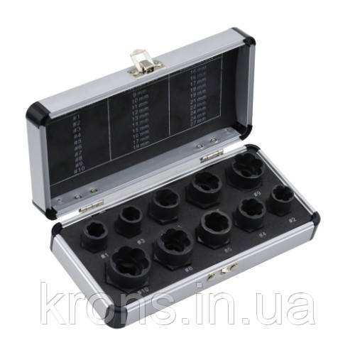 Набір з 10 екстракторів для пошкоджених болтів, гайок, 9-19мм, HSS-сталь, фото 1