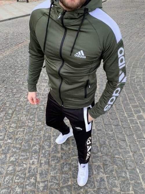 Спортивні Костюми Чоловічі Кольору Хакі Осінь Adidas, Чоловічий спортивний костюм двонитка для прогулянок адідас