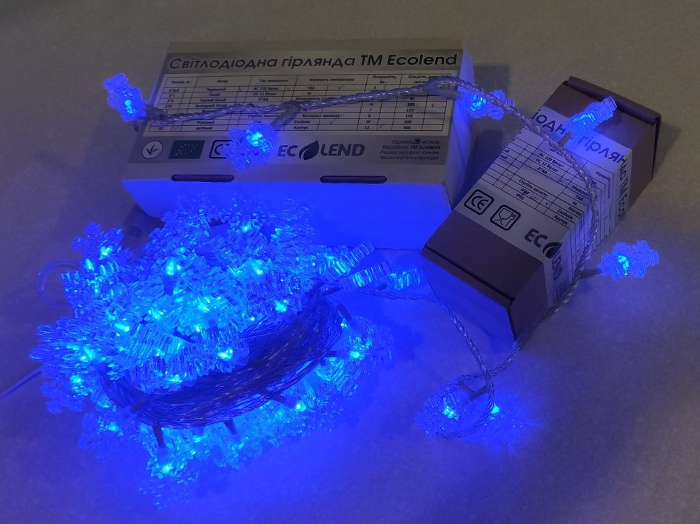 Новорічна гірлянда сніжинки 10 метрів синій 100 Leds IP44 вулична ECOLEND