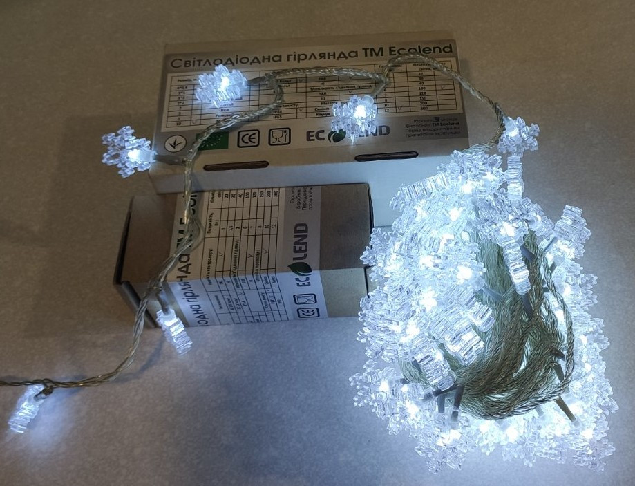 Новорічна гірлянда сніжинки 10 метрів білий 100 Leds вулична ECOLEND