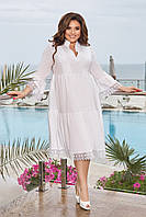 Женское легкое платье с кружевными вставками на блузе и пышной юбкой в больших размерах Белый, 50-52
