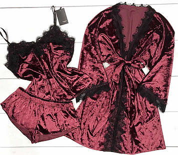 Бордовий велюровий комплект, халат і піжама жіноча