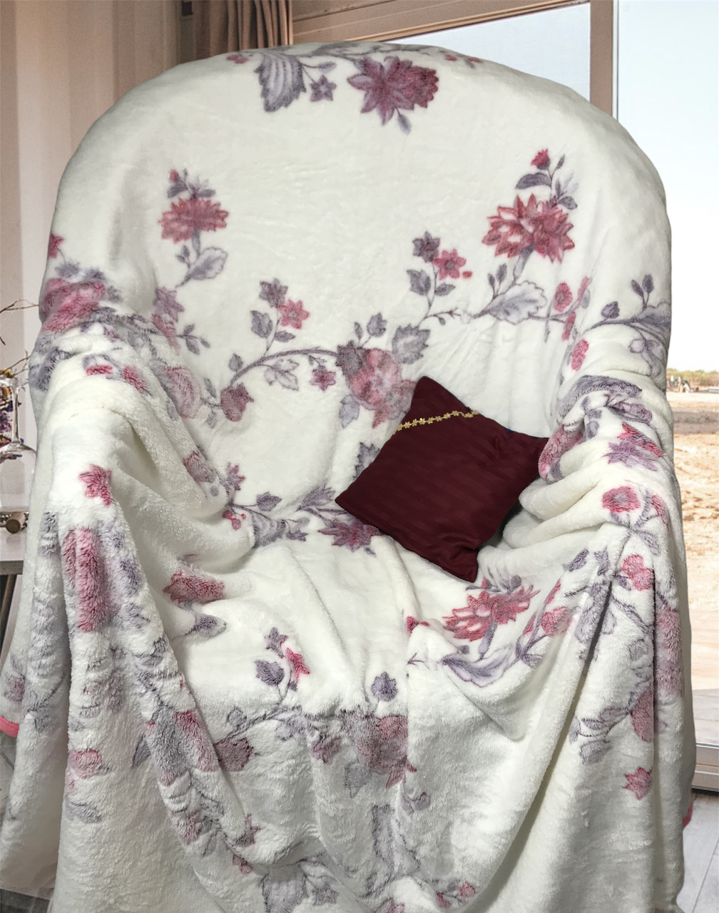 Плед двоспальний "Квітка бордо" однотонний з флісу білий, фото 1
