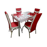 Комплект обідній розкладний Туріно (стіл + 4 стільця) скло з фотодруком/МДФ, метал хром Woody №1000 Красные