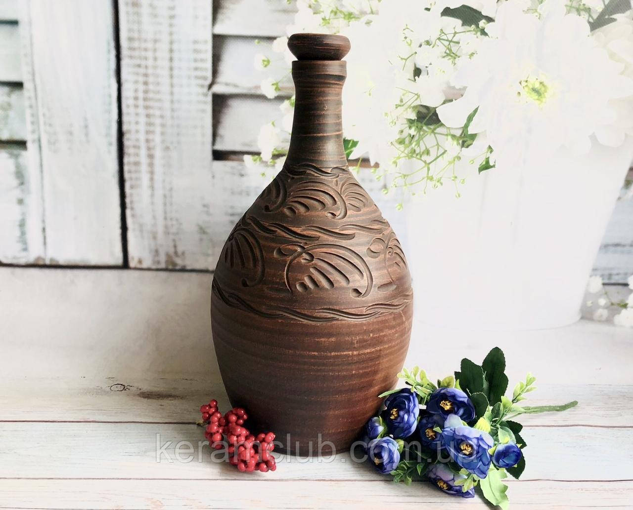Глиняний пляш ручної роботи для вина з різзю h 35 см V 7 л, фото 1
