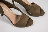 Босоніжки жіночі на високих підборах із закритою п'ятою оливковий із натуральної замші, фото 7