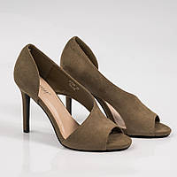 Босоніжки жіночі на високих підборах із закритою п'ятою оливковий із натуральної замші