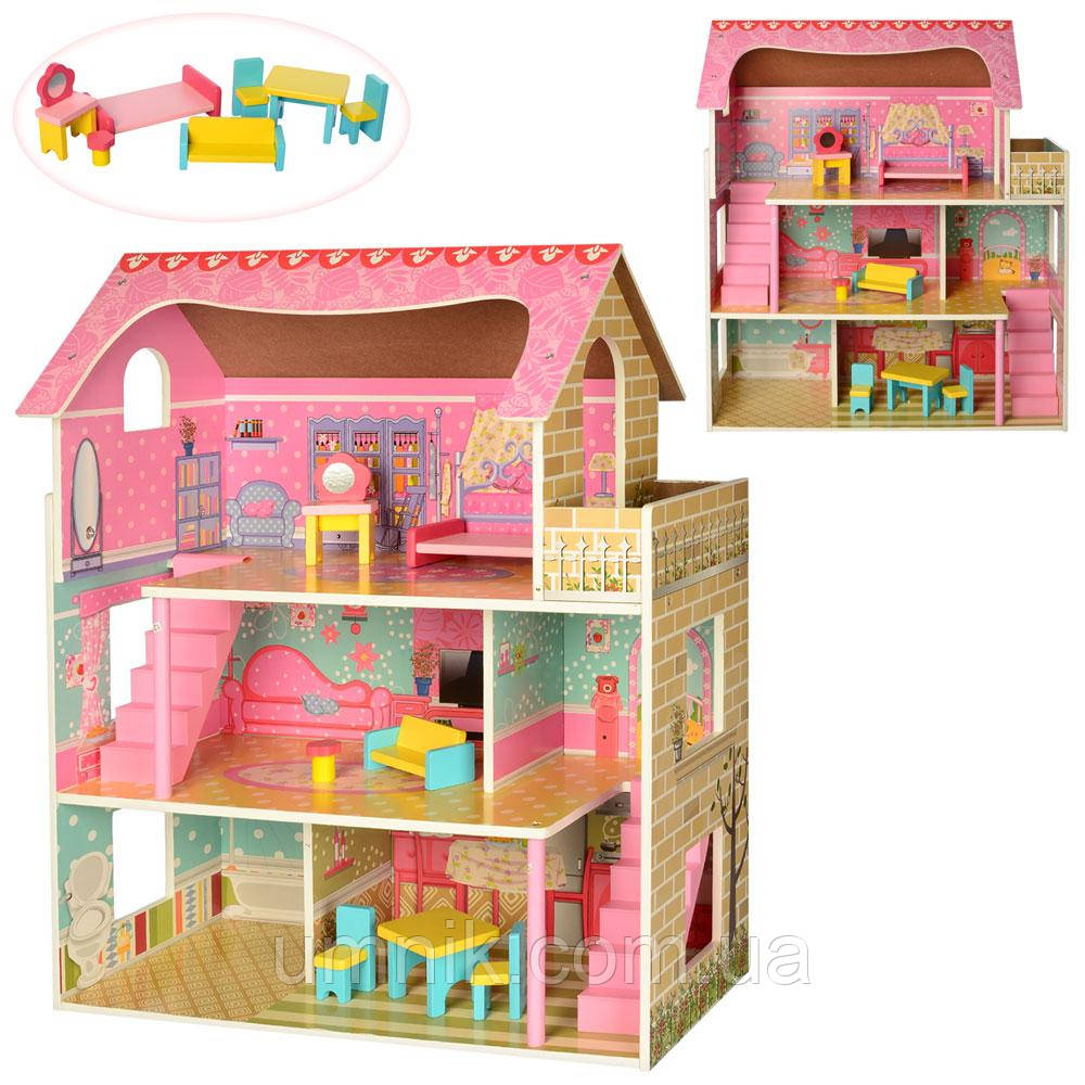 Ляльковий дерев'яний будиночок з меблями, 3 поверхи, 61*70*30 см, MD 2203