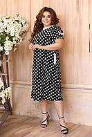 Женское легкое платье-тунка "Забава" однотонное с принтом горошек в больших размерах Черный, 52