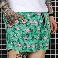 Купальные шорты мужские пляжные плавательные летние зеленые с принтом Фламинго Турция. Живое фото