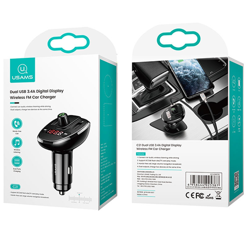 FM модулятор Bluetooth USAMS US-CC115 C21 Wireless Car FM Transmitter Black (CC115GC01) - фото 9 - id-p1357777241