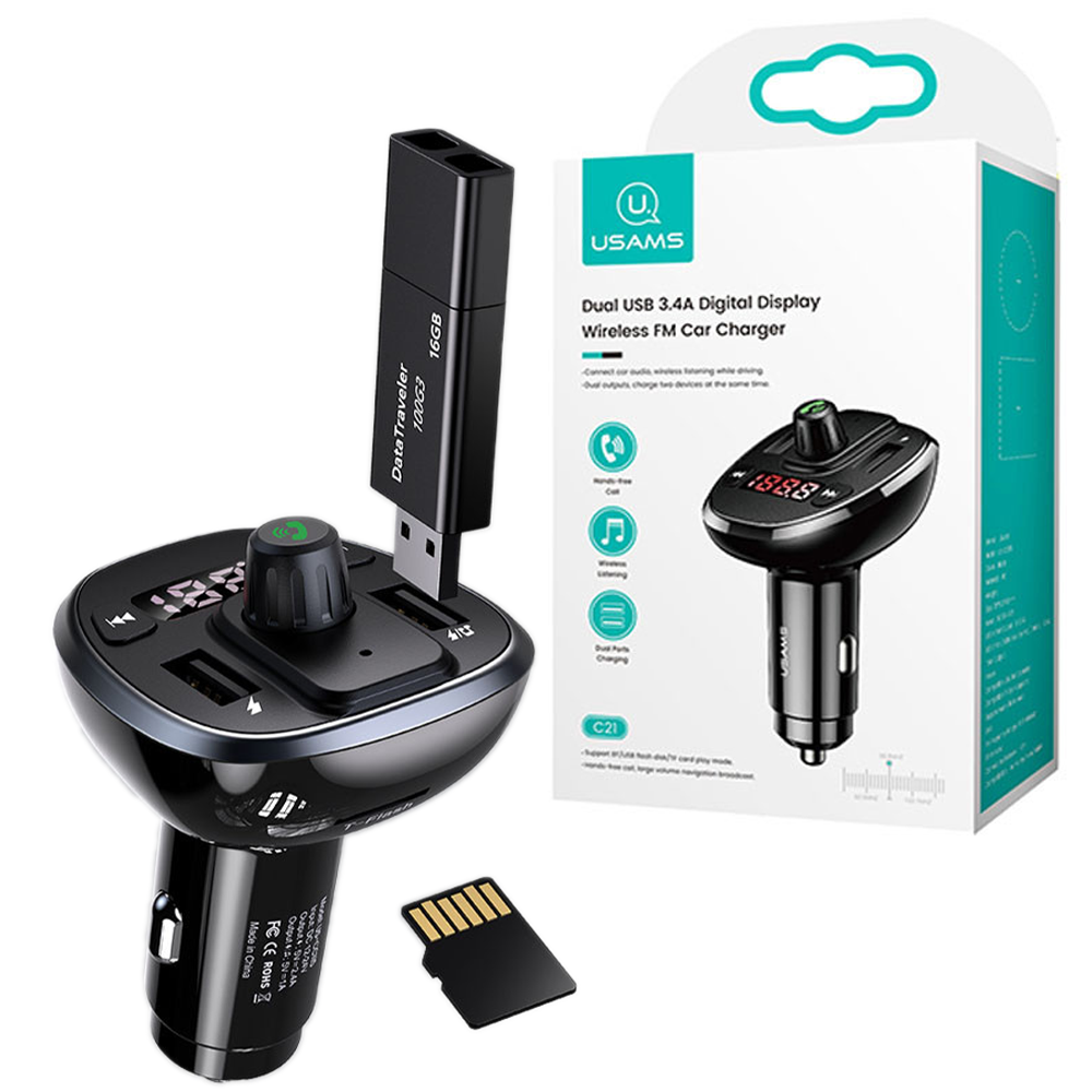 FM модулятор Bluetooth USAMS US-CC115 C21 Wireless Car FM Transmitter Black (CC115GC01) - фото 1 - id-p1357777241